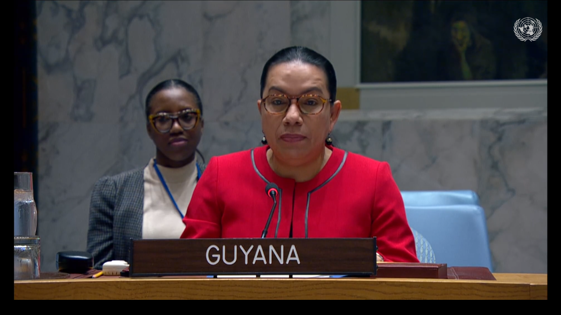 Amb. Carolyn Rodrigues Birkett delivering statement on behalf of co-focal points on conflict and hunger on Sudan