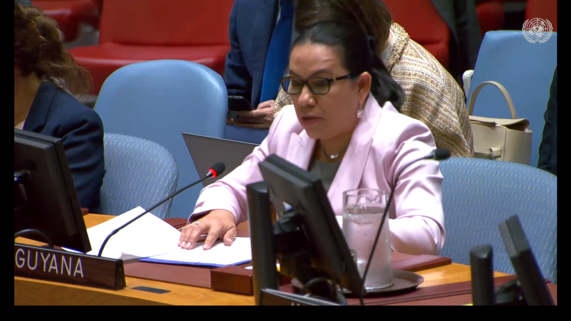 Amb. Carolyn Rodrigues Birkett delivering statement after adoption of resolution on Protection of Humanitarian and UN personnel