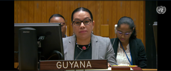 Amb. Carolyn Rodrigues Birkett delivering statement at UNSC Meeting on TIPS caused by terrorist acts