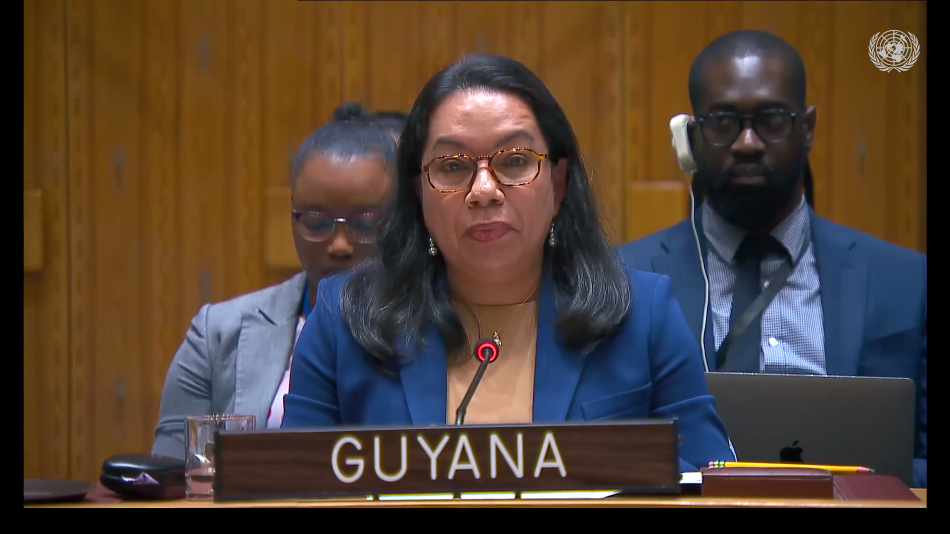 Amb. Carolyn Rodrigues Birkett delivering statement at UNSC Meeting 