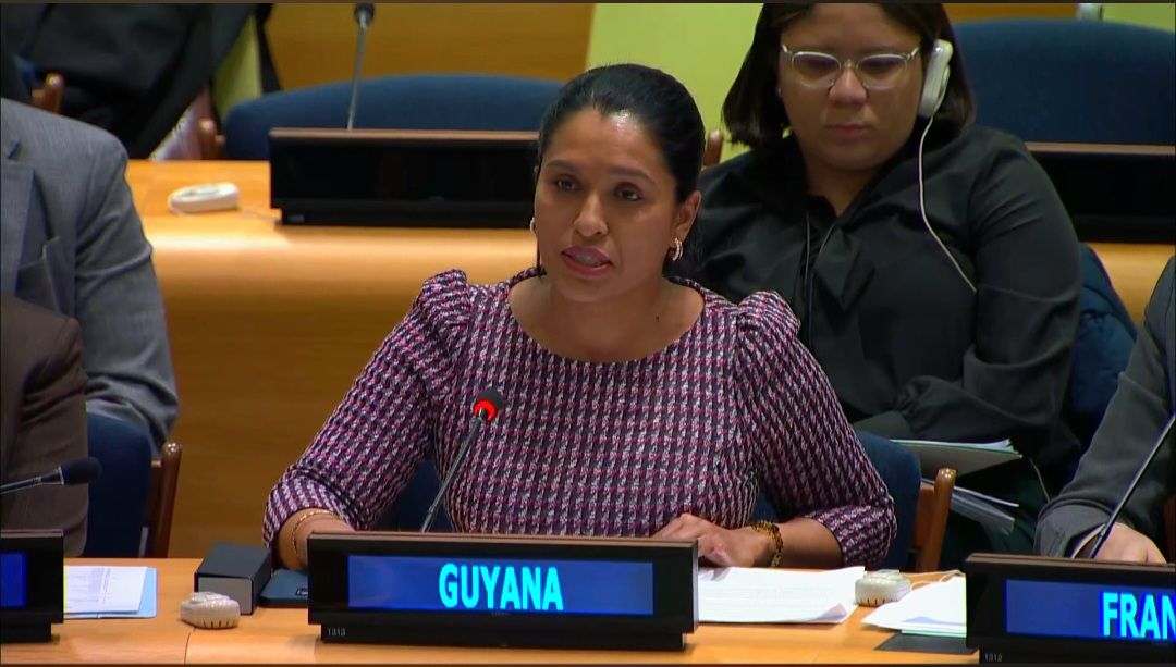 Amb. Trishala Persaud delivering statement at Arria Formula meeting on Ukraine POWs