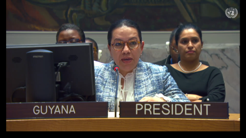 Amb. Carolyn Rodrigues Birkett delivering statement at UNSC meeting on food insecurity in Gaza