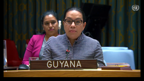 Amb. Carolyn Rodrigues Birkett delivering statement at UNSC Meeting on Children and Armed Conflict