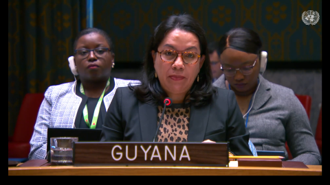 Amb. Carolyn Rodrigues Birkett delivering statement at UNSC Meeting on Palestine