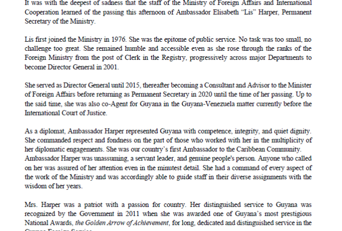 Statement on the Passing of Ambassador Elisabeth Harper
